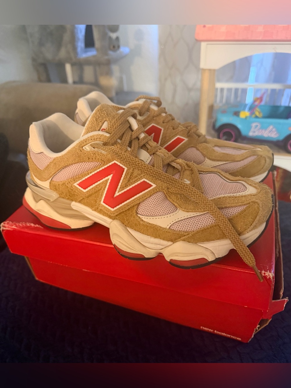 NEW BALANCE 9060 Tan / Red Hairy Suede Sneakers - Size 8 Men / 8.5 Women ✨